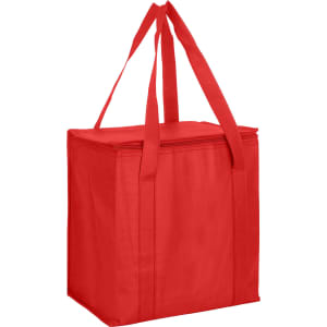 A red non-woven cooler bag with a zipped lid and two sturdy handles, featuring a logo.
