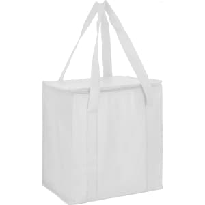 A white non-woven cooler bag with a zipped lid and sturdy handles, featuring a logo.
