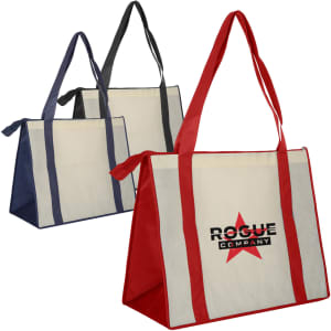 A large zipped shopping bag in red, navy, and charcoal, featuring a logo on each. Ideal for reusable grocery use.