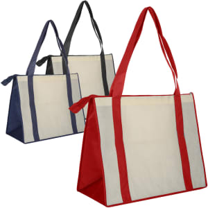 Three non-woven large zipped shopping bags in red, navy, and black, each with contrasting straps and a logo.