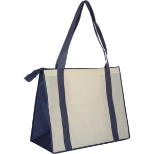 A large, non-woven zipped shopping bag in cream and navy, featuring sturdy handles and a logo.