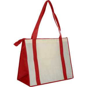 A large red and cream non-woven zipped shopping bag with long handles and a logo.