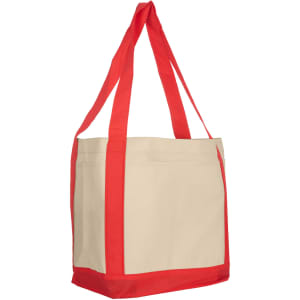 A reusable grocery bag in natural with red straps and a large open design. It features a logo on the side.