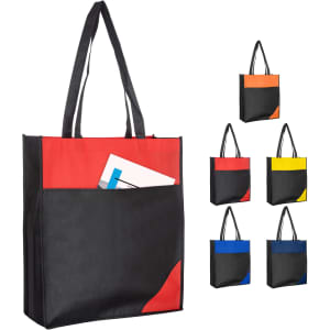 A non-woven reusable grocery bag in black, red, orange, yellow, and blue, featuring a large front pocket and two handles.