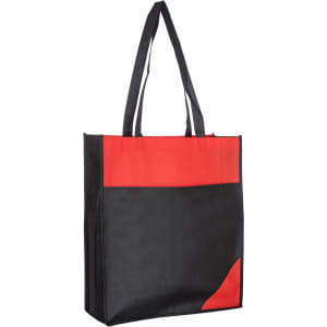 A reusable grocery bag in black with a red accent, featuring two sturdy handles and a logo.