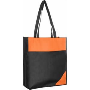 A reusable grocery bag in black with an orange accent, featuring two sturdy handles and a logo.