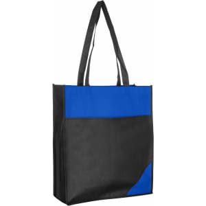 A reusable non-woven grocery bag in black with a blue accent, featuring two handles and a logo.