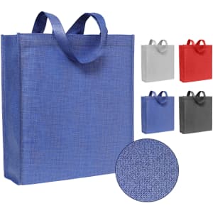 A blue tote bag made from patterned non-woven material, with grey, red, and black options displayed. Features handles and a logo.