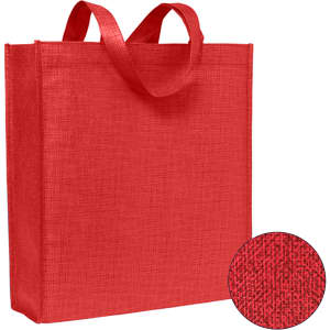 A red tote bag made of patterned non-woven fabric, featuring sturdy handle straps and a close-up of the texture.