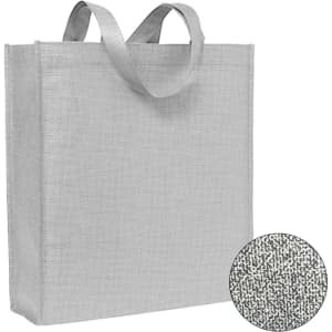 A grey patterned non-woven tote bag with two handles and a logo displayed in the corner.