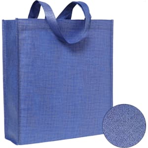 A blue patterned non-woven tote bag with sturdy handles and a textured finish. Logo visible on the bag.