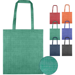 A green non-woven bag with two handles is displayed alongside bags in various colours. The texture is patterned with a subtle design.