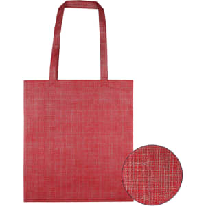 A red non-woven bag with two handles, featuring a patterned texture. It includes a close-up of the pattern.