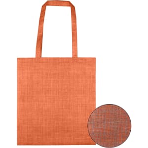 An orange patterned non-woven bag with two handles, featuring a close-up of the textured fabric.