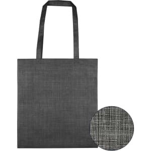 A non-woven bag in dark grey with a patterned design and two sturdy handles. It features a branding logo.