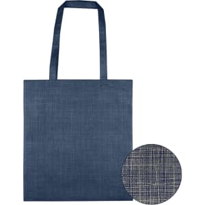 A navy blue non-woven bag with patterned texture and two handles, featuring a small section showing the fabric detail.