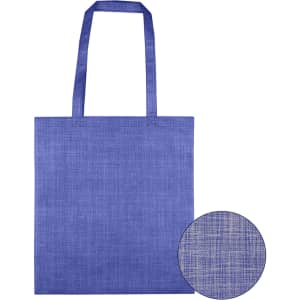 A blue patterned non-woven bag with two handles and a textured design. It includes a branding logo.