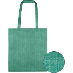 A teal non-woven bag with a patterned design and two handles, featuring a circular close-up of the texture.