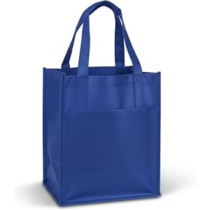 A blue pocket shopping bag with two handles and a front pocket. It has a simple, sleek design.