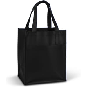 A black shopping bag with two handles and a front pocket. The bag has a simple design and a sturdy appearance.