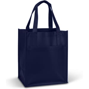 A navy blue pocket shopping bag with sturdy handles and a front pocket, featuring a logo.