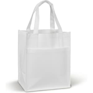 A white reusable shopping bag with two handles and a front pocket, featuring a simple design.