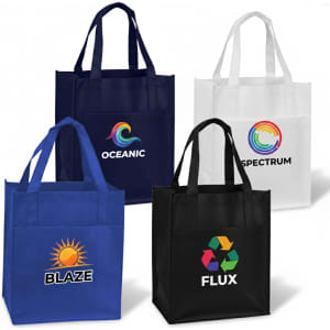 A collection of reusable shopping bags in blue, black, and white, featuring various logos and designs.