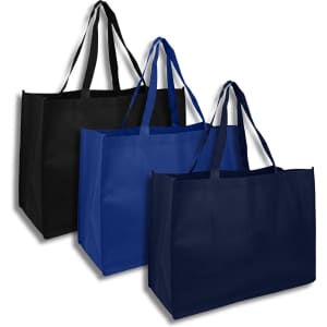 Three reusable grocery bags in black and shades of blue, featuring sturdy handles and a minimalist design.