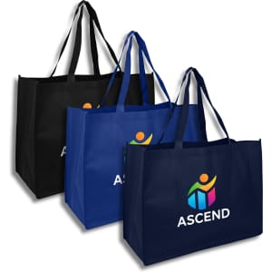 A set of three reusable grocery bags in black and navy blue, featuring a logo on the front.