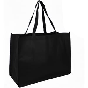A black reusable grocery bag with two handles and a spacious interior. It features a logo on the side.