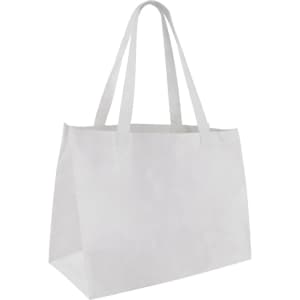 A medium non-woven tote bag in white with two sturdy handles and a branded logo.