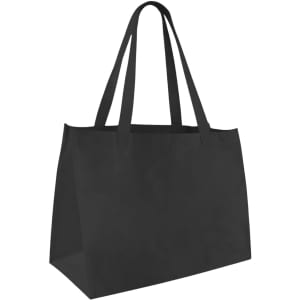 A medium black non-woven tote bag with two sturdy handles and a spacious design. It features a logo.