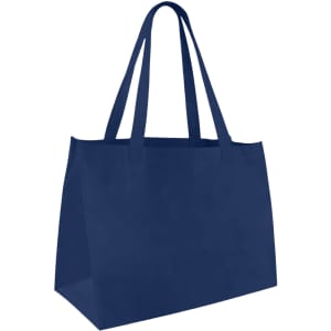 A medium, navy blue non-woven tote bag with two sturdy handles and a flat bottom. It features a logo.