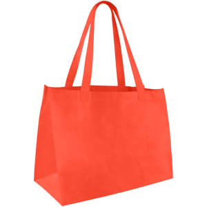 A medium non-woven tote in vibrant orange with sturdy handles and a spacious design. Features a logo.