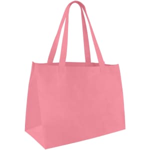 A medium, pink non-woven tote bag with two handles and a structured design. Features a logo on one side.