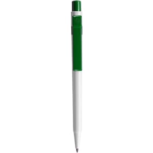 A plastic pen featuring a green grip and white barrel, complete with a branding logo.