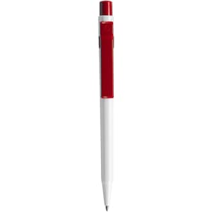 A plastic pen with a white body and red accents, featuring a logo on the side.