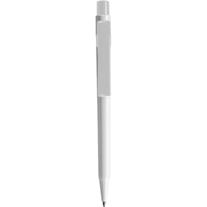 A white plastic pen with a clear grip and clip, featuring a branding logo on its side.