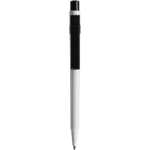 A plastic pen in white with black accents, featuring a click mechanism and a logo on the side.