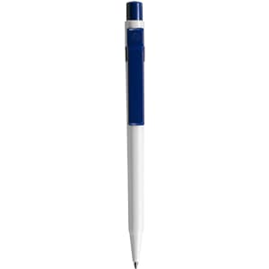 A plastic pen with a blue top and white body, featuring a logo on the barrel.
