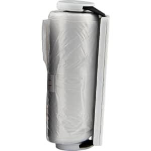 A grey pet bag dispenser with a clip for easy attachment and a roll of bags inside.