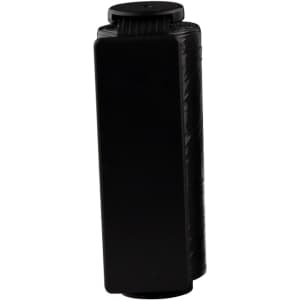 A black pet bag dispenser with a textured surface and a top cap. It features a logo on the front.