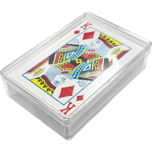 A deck of playing cards in a clear box, featuring colourful illustrations including a King of Diamonds.