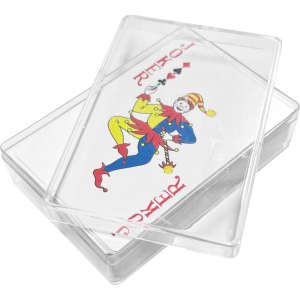 A set of playing cards featuring a jester design, contained in a clear plastic box.