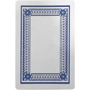 A white playing card featuring a blue decorative border and pattern, presented flat against a plain background.