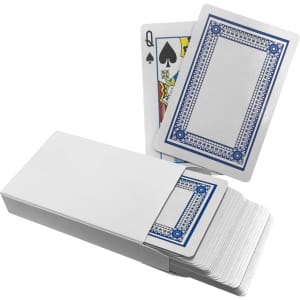 A deck of classic playing cards with a white box, featuring blue designs on the cards and one visible Queen of Spades.