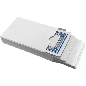 A set of classic playing cards in a white box, featuring blue designs on the cards. The box is partially open.