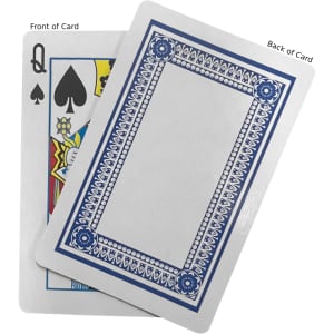 A classic playing card featuring a queen of spades design on the front and a blue patterned back.