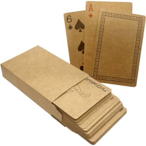 Eco-friendly playing cards in a cardboard box, featuring an Ace of Spades and a Six of Spades with a natural brown finish.