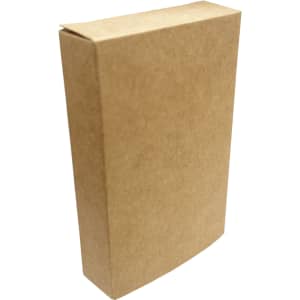 A brown cardboard box containing eco recycled playing cards, featuring a simple design and logo.